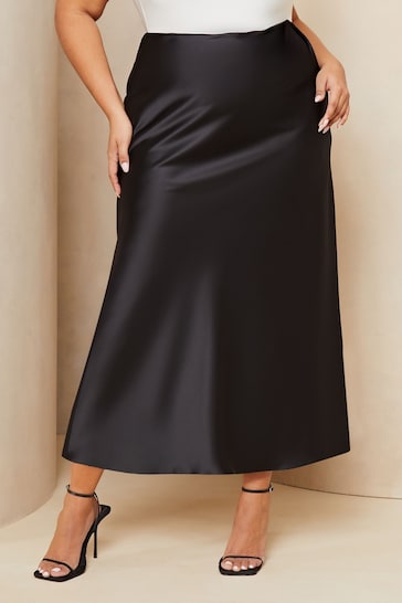 Lipsy Black Satin Curve Maxi Satin Skirt