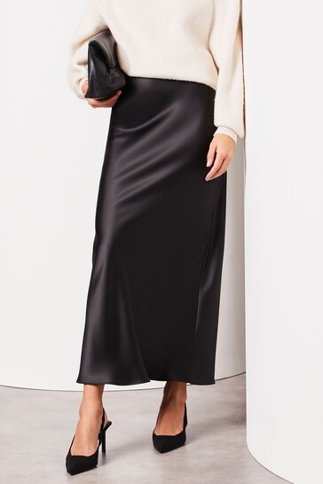 Lipsy Black Satin Petite Maxi Satin Skirt