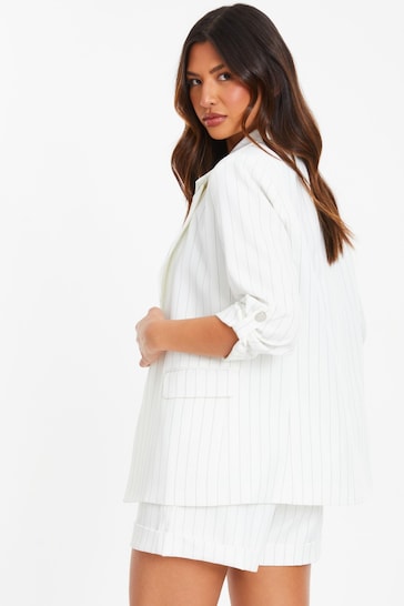 Quiz White And Black Pinstripe Ruched Sleeve Tailored Blazer