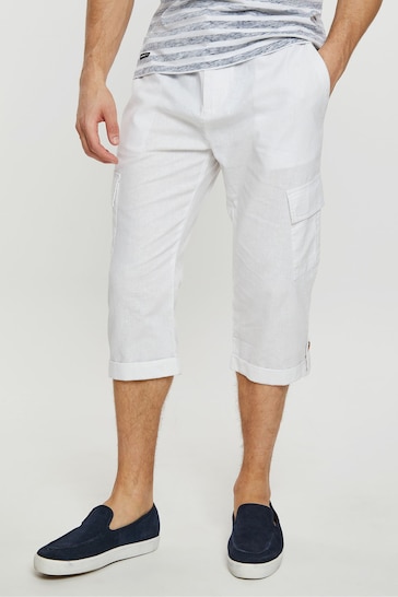 Threadbare White 3/4 Length Linen Blend Pull-On Cargo Trousers