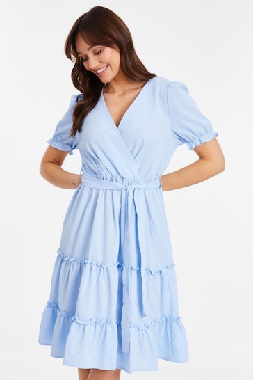Quiz Blue Textured Woven Frill Detail Midi Dress