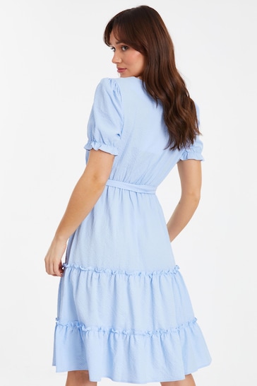 Quiz Blue Textured Woven Frill Detail Midi Dress