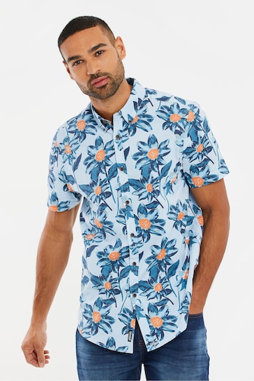 Threadbare Blue Chrome Cotton Tropical Print Short Sleeve Shirt