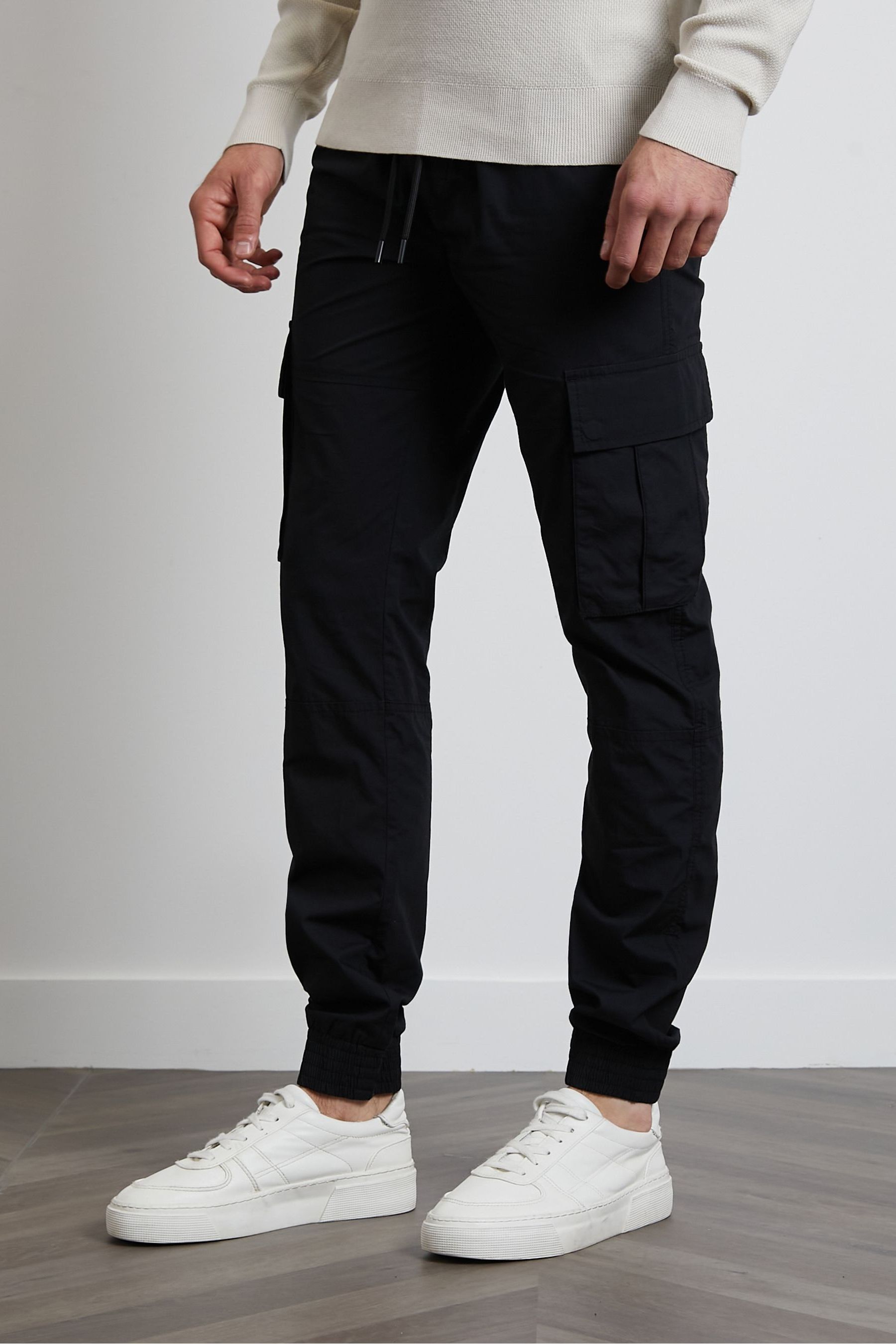 Threadbare Black Cotton Slim Fit Cuffed Cargo Trousers