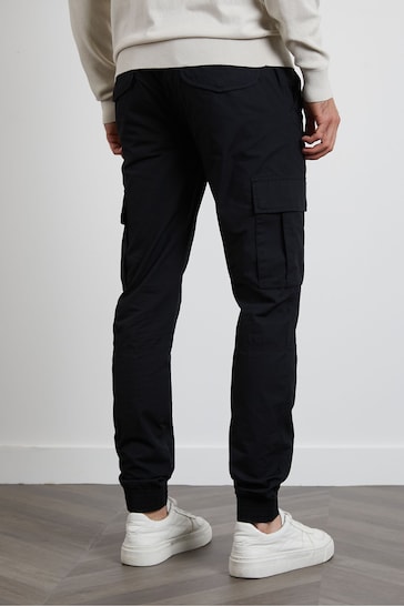 Threadbare Black Cotton Slim Fit Cuffed Cargo Trousers