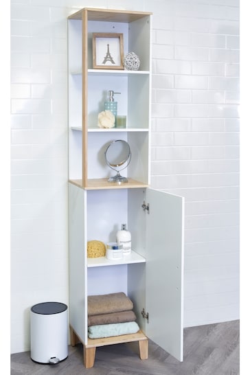 Showerdrape White Catania Bamboo Tall Boy Cabinet with Display Shelves