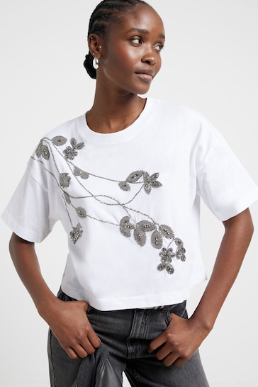River Island Ecru Washed Floral Embellished T-Shirt