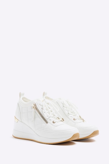 River Island White Wide Fit Quilted Zip Wedge Trainers