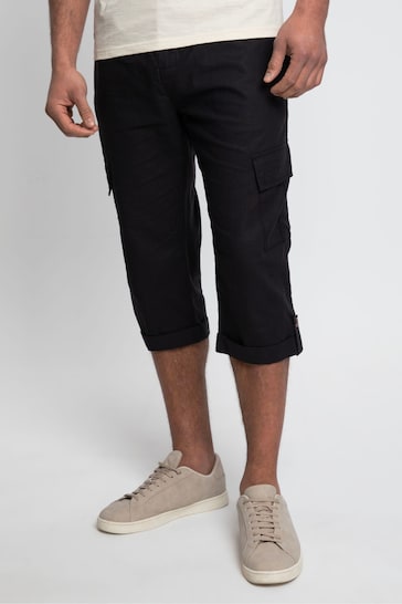 Threadbare Black 3/4 Length Linen Blend Pull-On Cargo Trousers