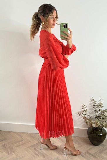 Style Cheat Red Dannica Pleated Balloon Sleeve Maxi Dress