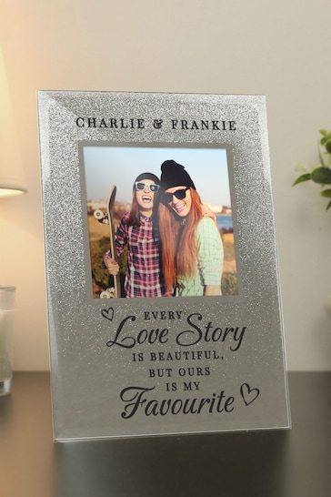 Personalised Love Story 4x4 Glitter Glass Photo Frame by PMC