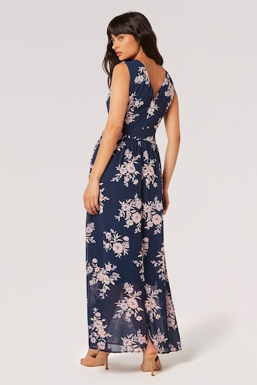 Apricot Blue Botanical Blooms Chiffon Maxi Dress