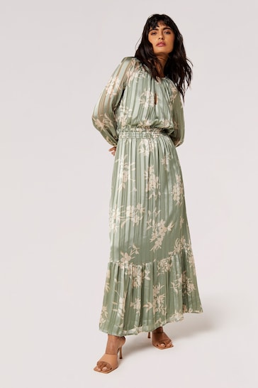 Apricot Green Silhouette Floral Satin Shimmer Maxi Dress