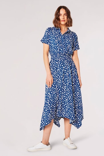 Apricot Blue Painterly Dot Smocked Midi Dress