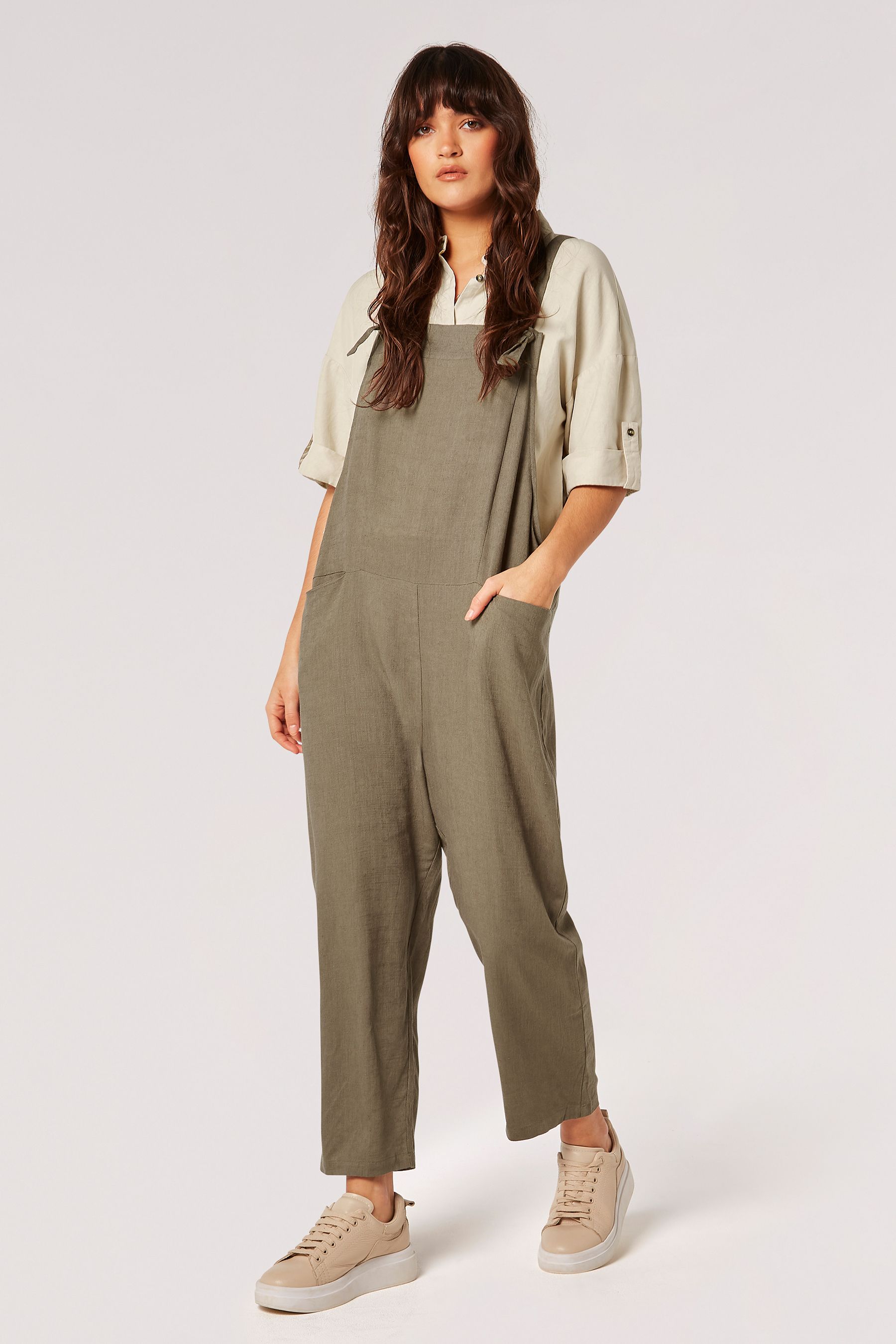 Buy Apricot Green Linen Blend Relaxed Fit Dungarees from the Next UK online shop
