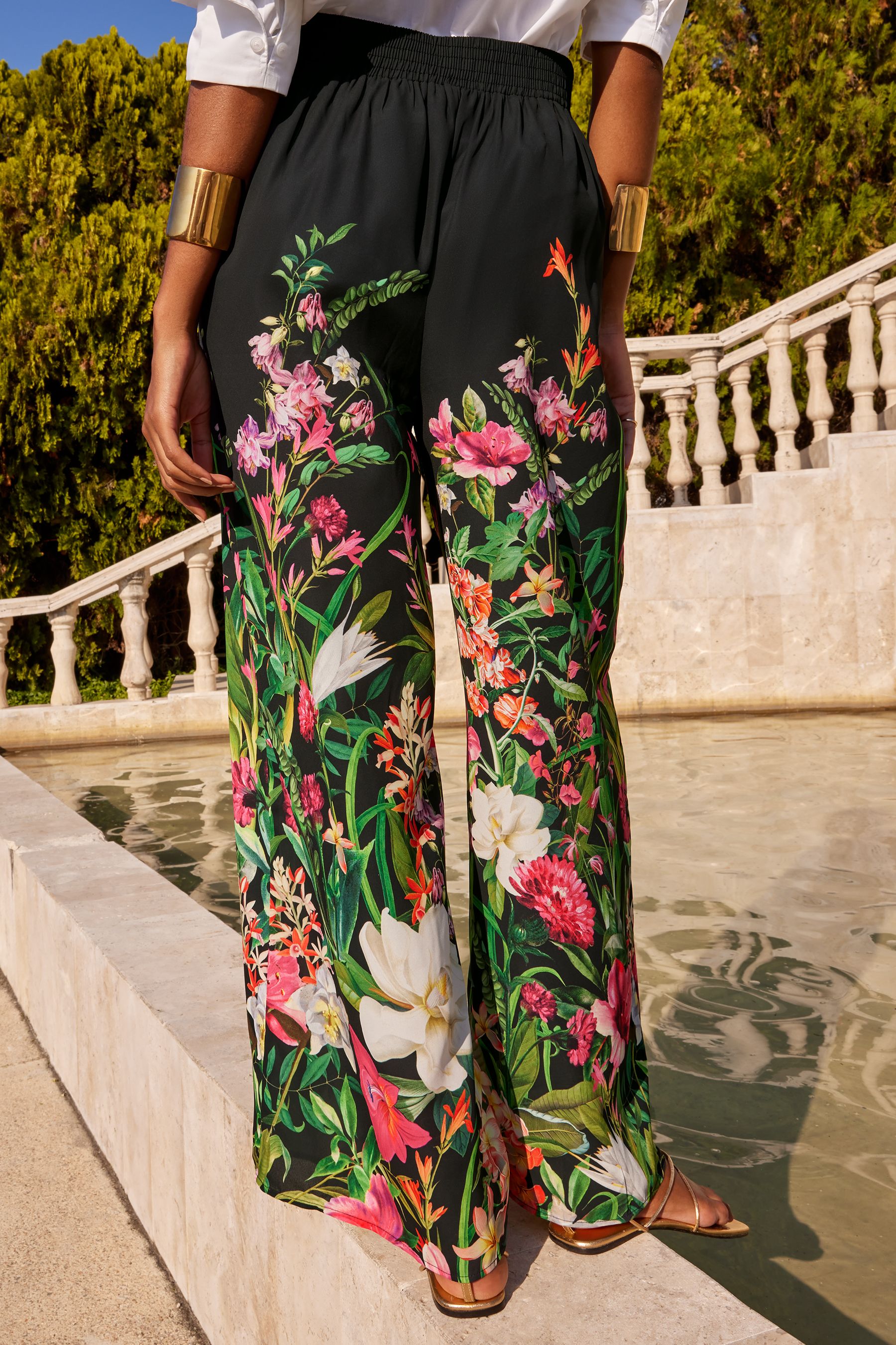 V A Love Roses Black Floral Petite Placement Print Wide Leg Trousers