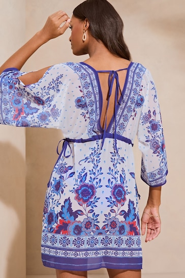 Lipsy Blue White Printed V Neck Cover Up Kaftan