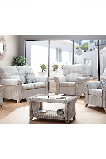 Desser Grey Athena Check Clifton Natural Rattan Indoor Conservatory 2 Seater Sofa & 2 Armchairs Suite