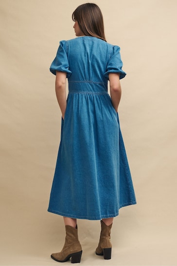 Nobodys Child Denim Blue Short Sleeve Starlight Plain Midi Dress