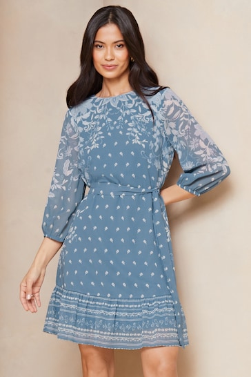 Lipsy Blue Belted Woven Print 3/4 Sleeve Mini Shift Dress