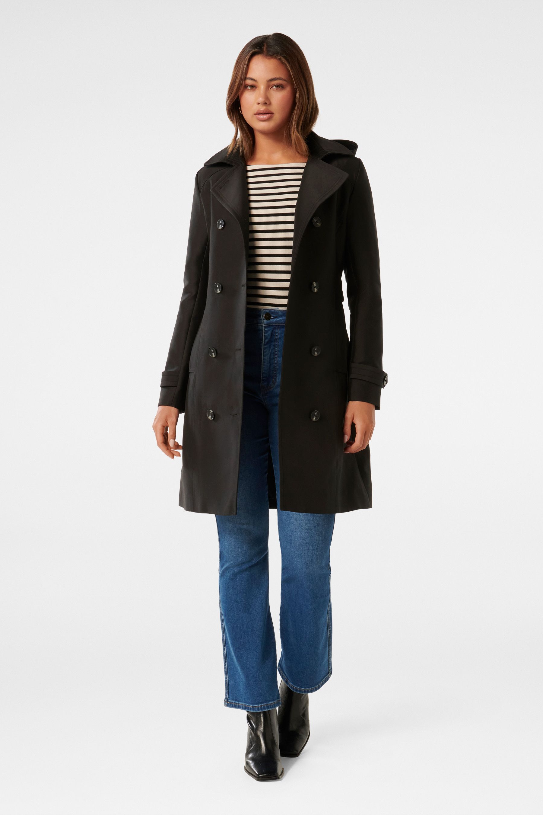 Buy Forever New Black Alicia Short Hooded Trench Coat from the