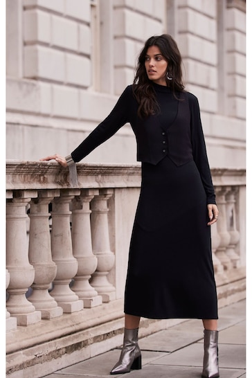 Mint Velvet Black Waistcoat Midi Dress