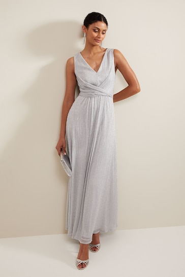 Phase Eight Silver Artemis Plisse Shimmer Maxi Dress