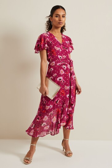 Phase Eight Petite Nadine Ruffle Print Pink Dress