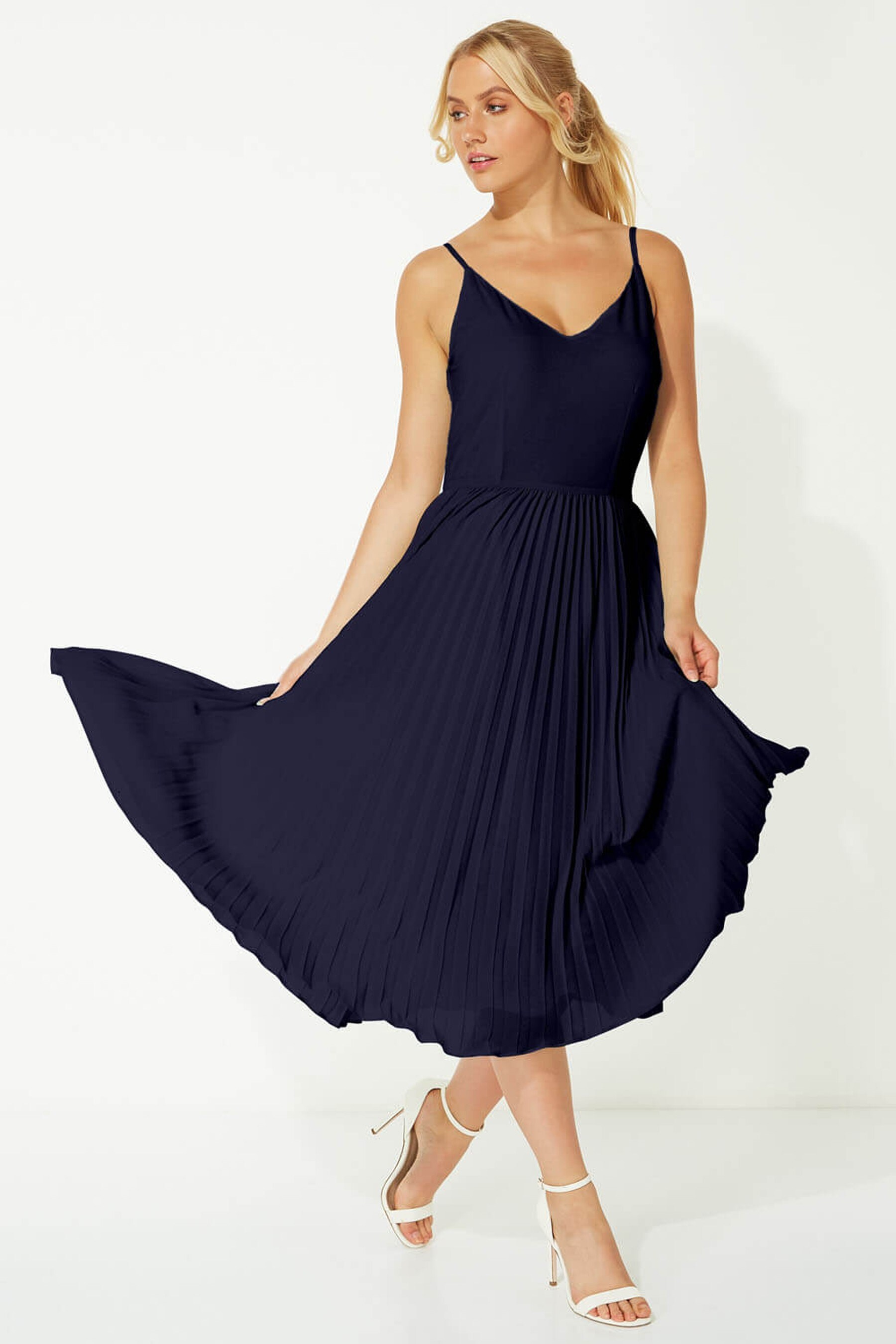 Buy Roman Navy Lace Top Overlay Pleated Midi Dress from the Next