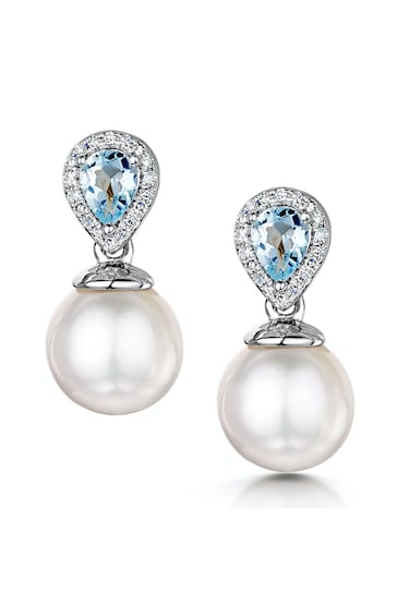 The Diamond Store Blue 7.5mm Pearl Blue Topaz and Diamond Stellato Earrings in 9K White Gold
