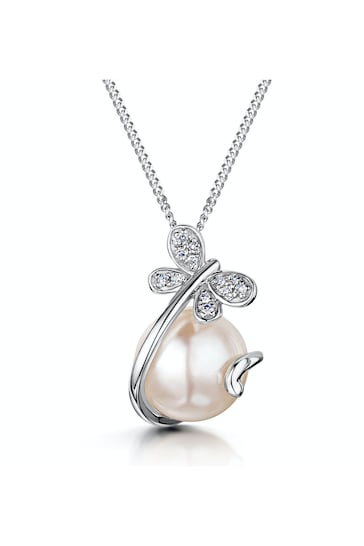 The Diamond Store White Button Pearl and Diamond Stellato Pendant Necklace in 9K White Gold