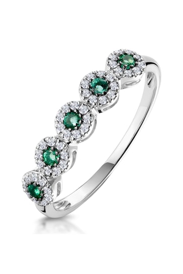 The Diamond Store Green Emerald and Halo Diamond Stellato Eternity Ring in 9K White Gold
