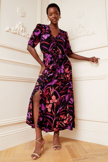 V&A | Love & Roses Black Floral Printed Ruched Sleeve V Neck Midi Dress