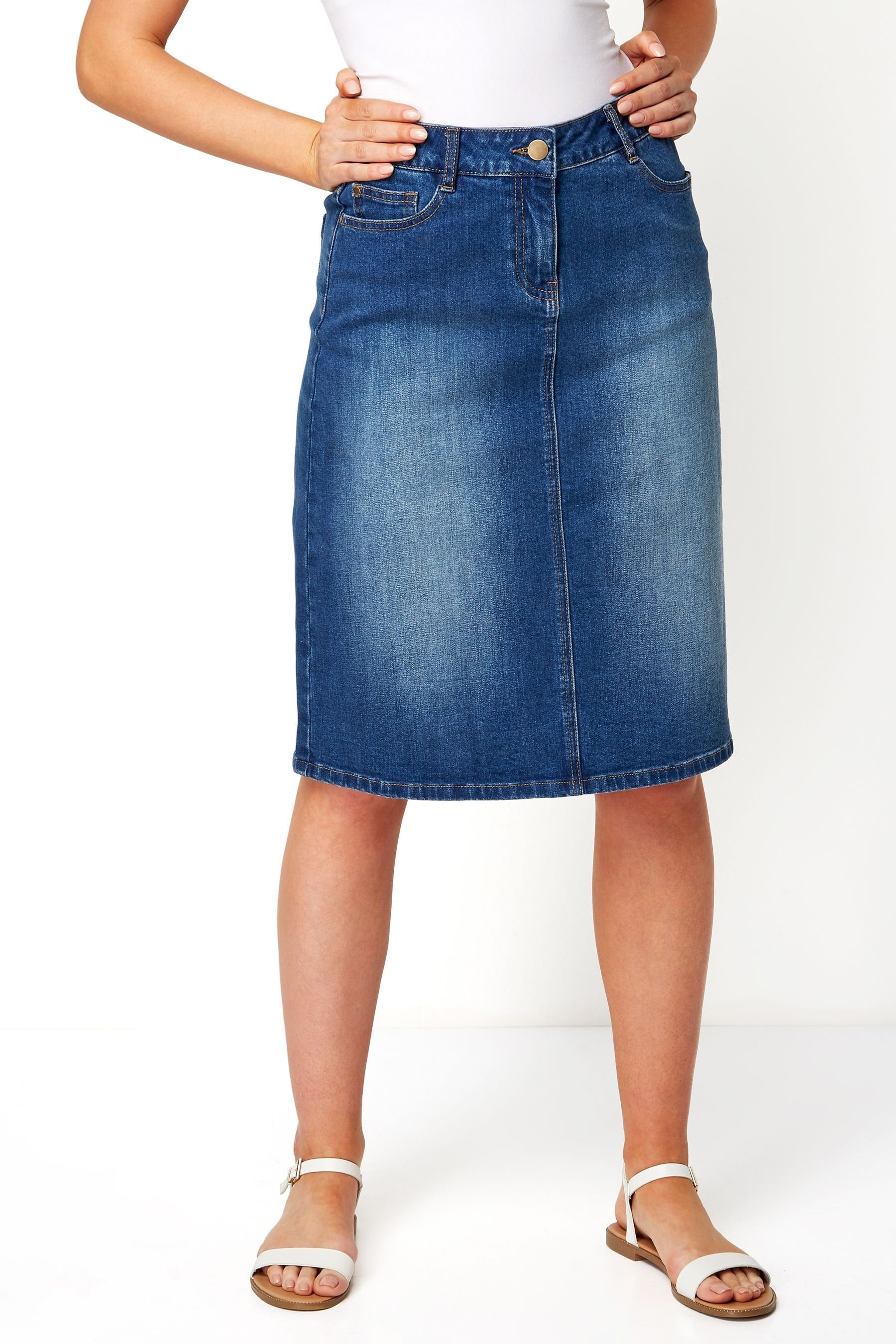 Knee length a on sale line denim skirt uk