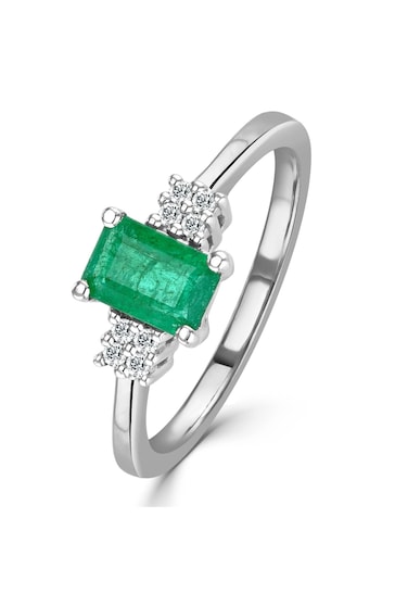 The Diamond Store Green Emerald 6 x 4mm And Diamond 9K White Gold Ring