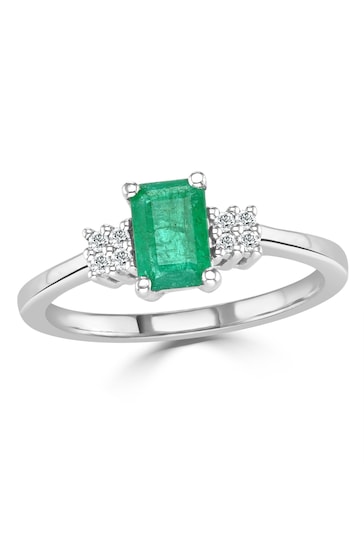 The Diamond Store Green Emerald 6 x 4mm And Diamond 9K White Gold Ring