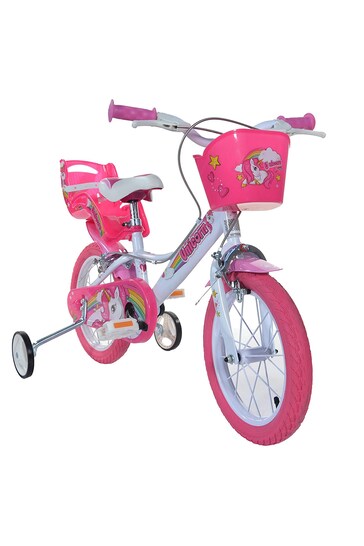 E-Bikes Direct WhitePink Dino Unicorn Girls Bicycle - 14 Inch with Stabilisers