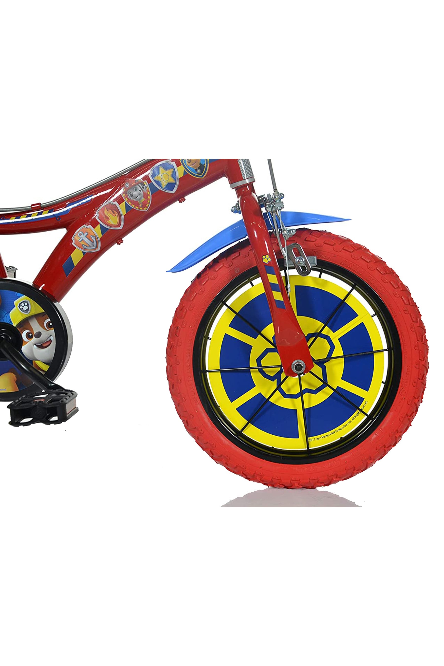 E Bikes Direct BlueRedYellow Dino Paw Patrol Kids Bike with Stabilisers 14 Inch Mag Wheels