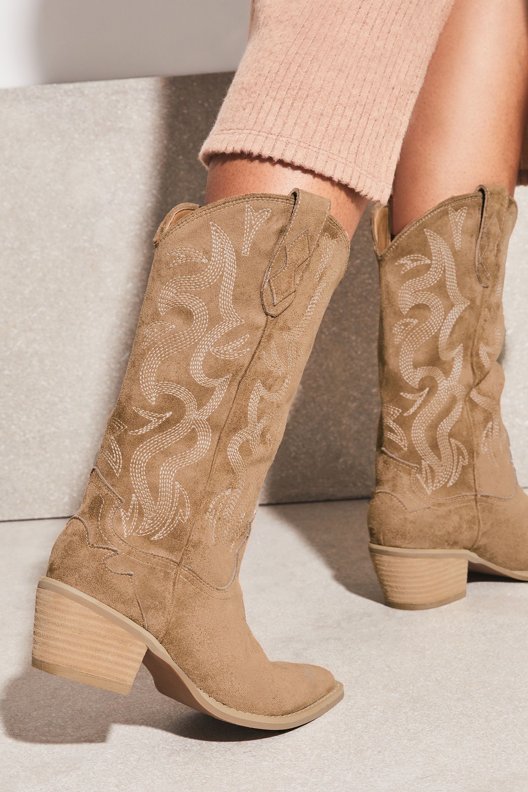 Lipsy Faux Suedette Camel Pull On Calf Pointed Western Cowboy Heel Boot