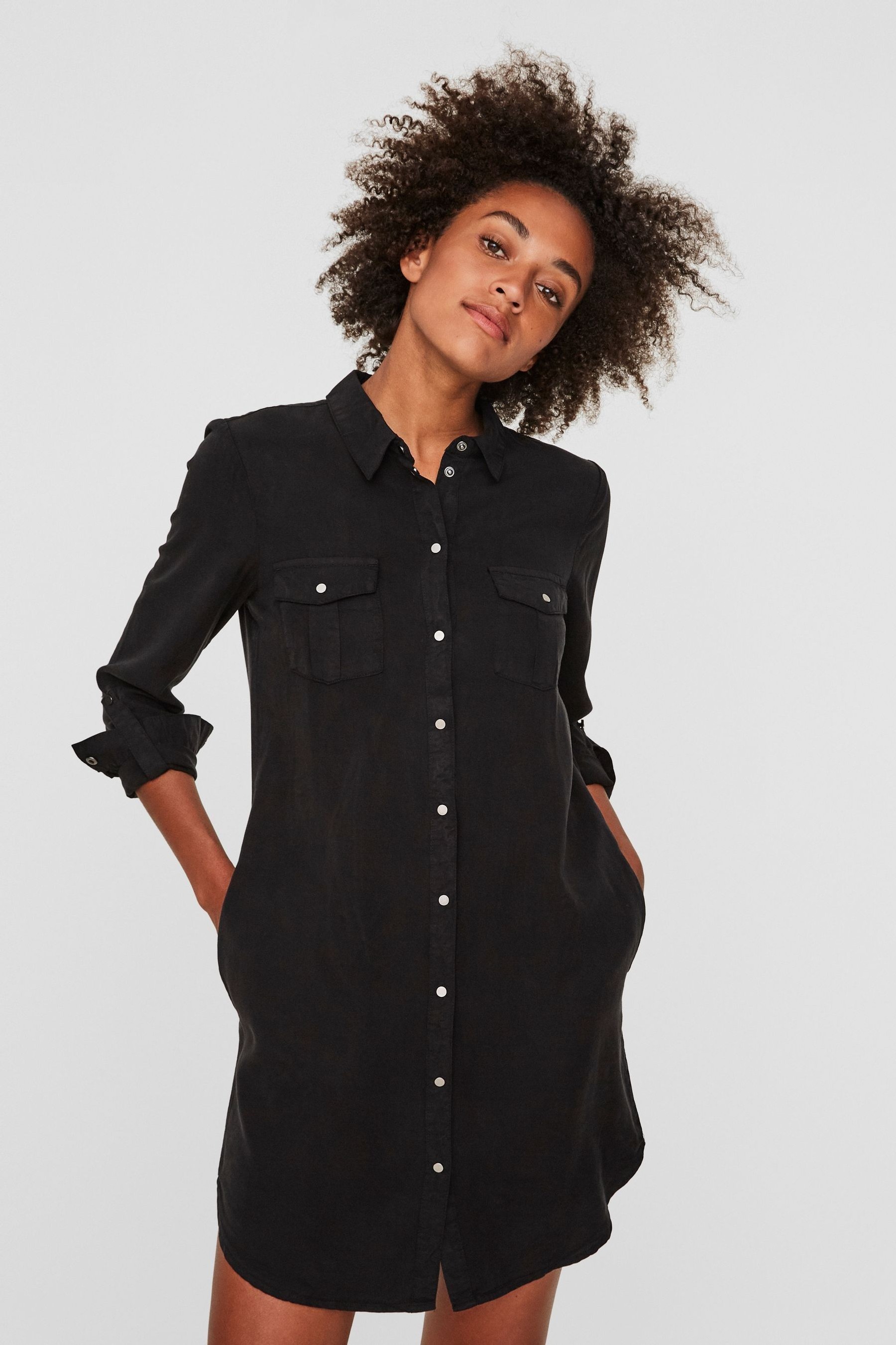 Black denim shop button dress