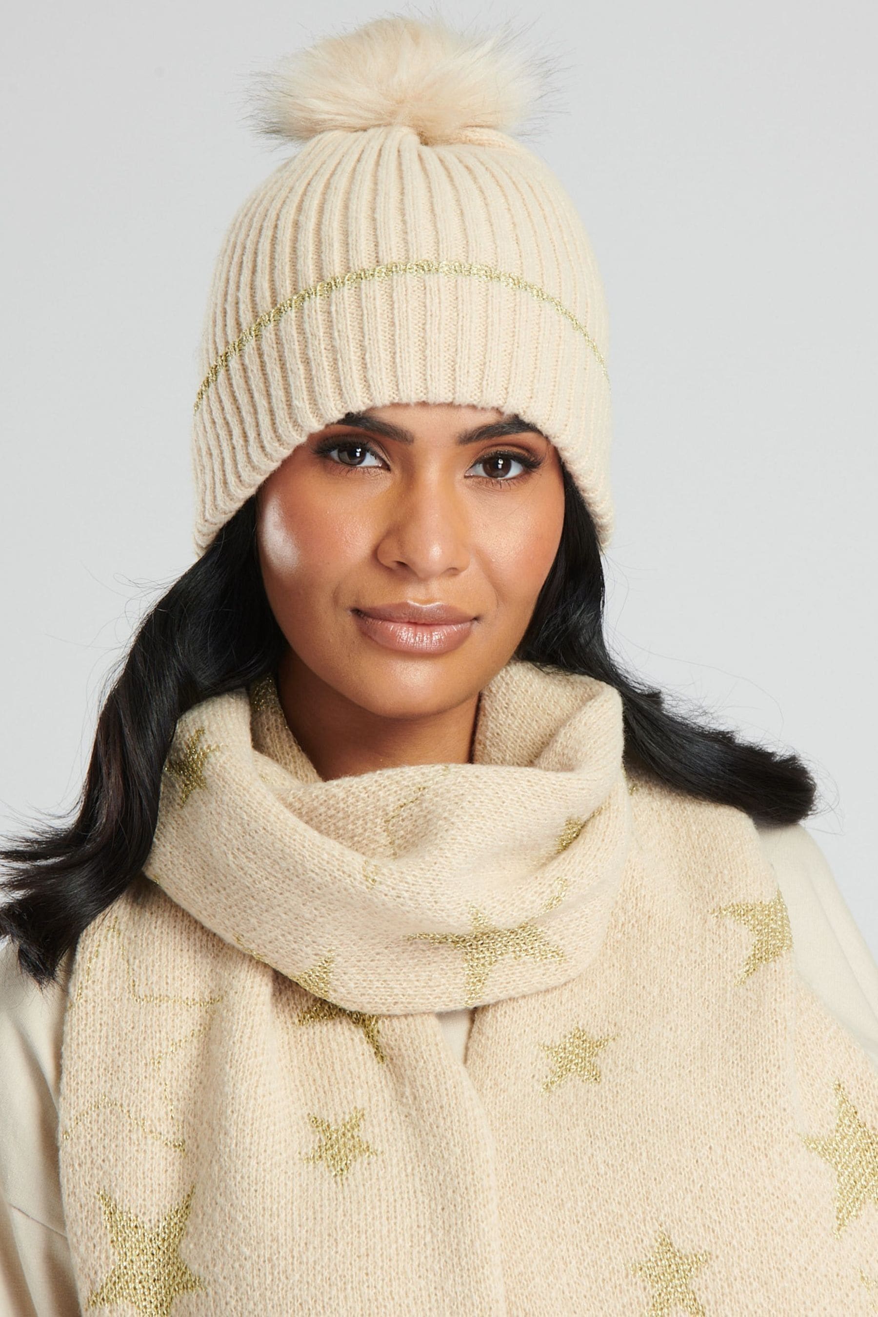 Cream bobble store hat and scarf