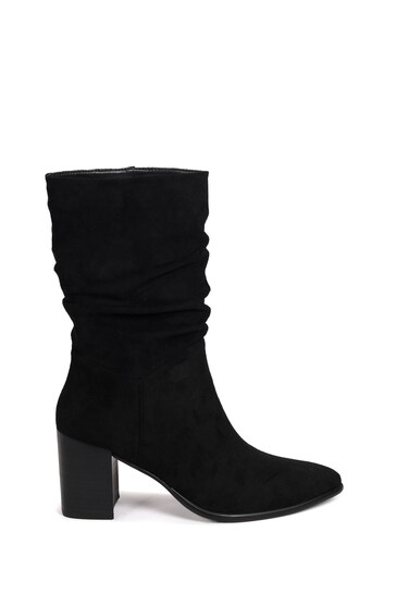 Linzi Black Wisteria Faux Suede Western Style Ruched Boot With Leather Stacked Heel