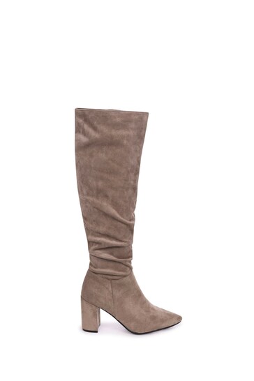 Linzi Brown Bonnie Faux Suede Block Heel Knee High Ruched Boot With Pointed Toe