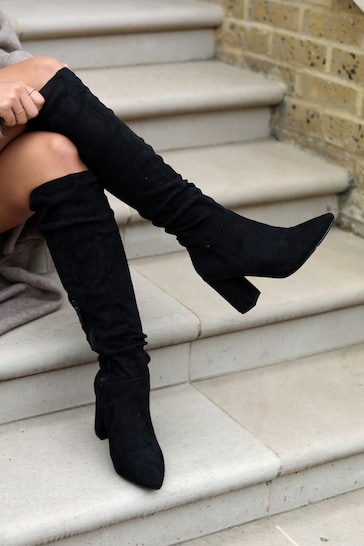 Linzi Black Bonnie Faux Suede Block Heel Knee High Ruched Boot With Pointed Toe