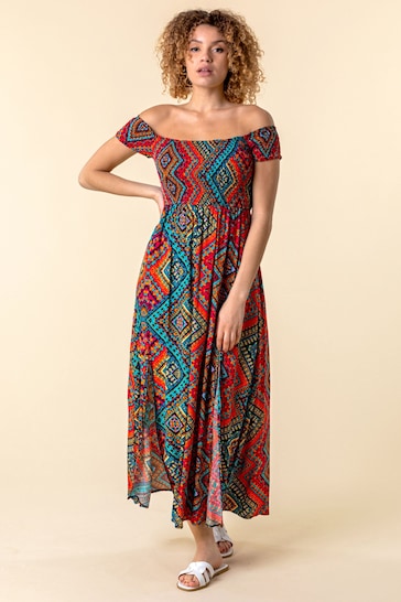 Roman Multi Print Shirred Bardot Maxi Dress