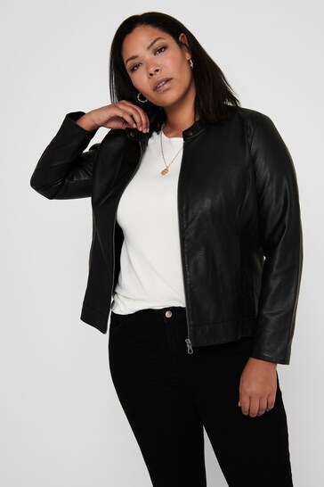 ONLY Curve Black Collarless Faux Leather Biker Jacket