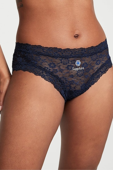 Victoria's Secret Noir Navy Blue Birthstone Embroidery Cheeky Lace Knickers