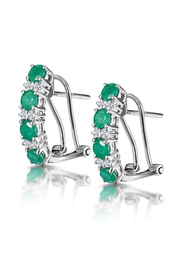 The Diamond Store Green Emerald Earrings Half Hoop With Lab Diamonds Set in 925 Silver