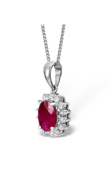 The Diamond Store Red Ruby Pendant Necklace With Lab Diamonds in 925 Silver - 7 x 5mm Centre