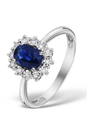 The Diamond Store Blue Sapphire Ring With Lab Diamond Halo 7 x 5mm Set in 925 Silver